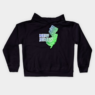 Colorful mandala art map of New Jersey with text in blue and green Kids Hoodie